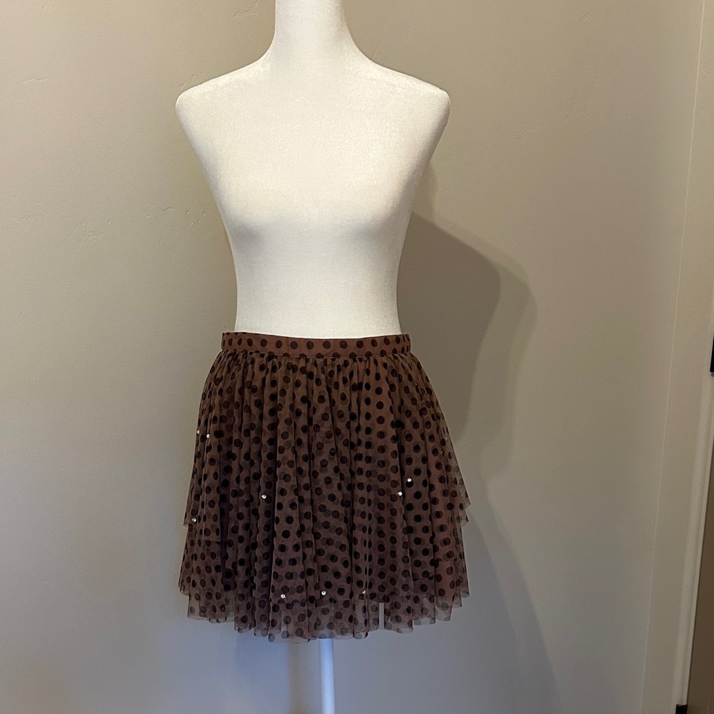 LONDONJEAN Brown Tulle Mini Skirt with Black Polka Dots